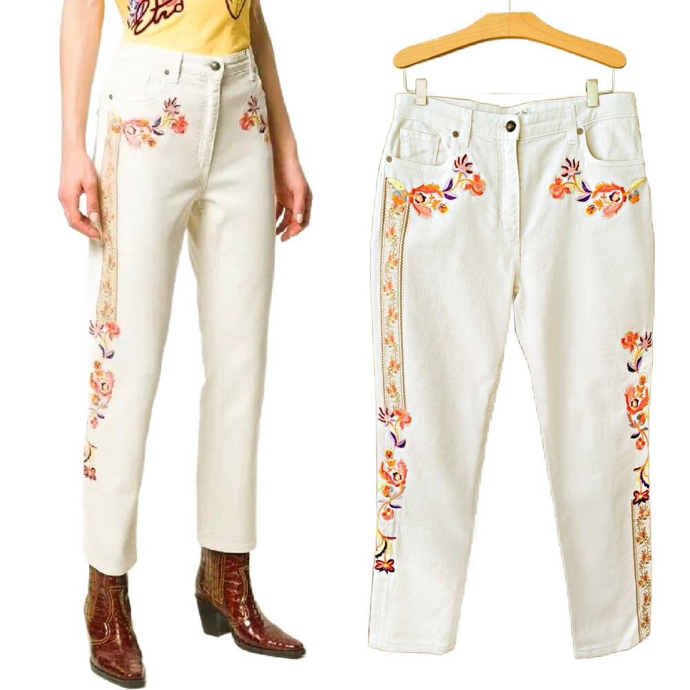 ETRO Floral Embroidered Straight Jeans Size 28 Cream Multi Luxury High Waist